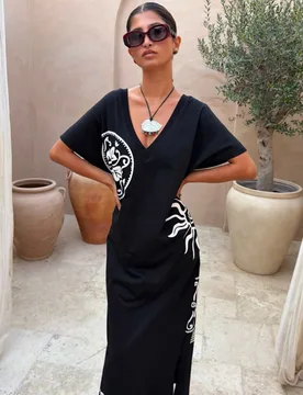 Pure Cotton Printed Midaxi T-Shirt Dress Black Mix female - Never Fully Dressed - FashionsVida