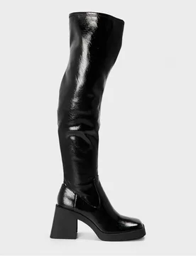 Womens Kolby Over The Knee Block Heel Boots In Black Patent - Size Uk 3 - Steve madden - FashionsVida