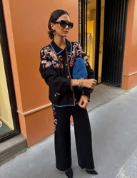 Embroidered Collared Relaxed Cardigan Black Mix female