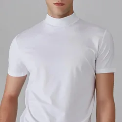 Summer Casual Short Sleeve T-shirt For Men Half High Collar Slim Fit T-shirt Solid Color Elastic Thin Pullover Tee Shirt