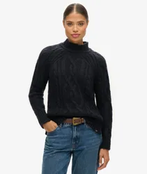 Superdry Damen Hochgeschlossener Pullover mit Zopfmuster Marineblau - Größe: 36