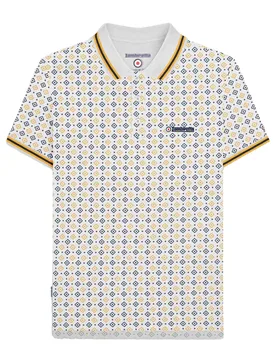 Mens Geometric Polo Shirt (White/navy/smoke Blue) Cotton - Size Large - Lambretta - FashionsVida