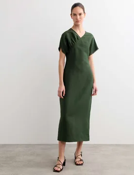 Linen Rich V-Neck Midi Wrap Dress Dark Green female - Jaeger - FashionsVida