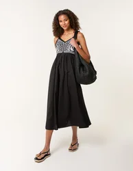 Embroidered Yoke Strappy Dress - L / BLACK/WHITE - female
