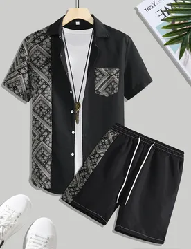 Camisa y pantalones cortos con estampado de bufanda para hombre, para la playa, con bloques de color, para salir, para el esposo, holográfico, para v - Shein - FashionsVida