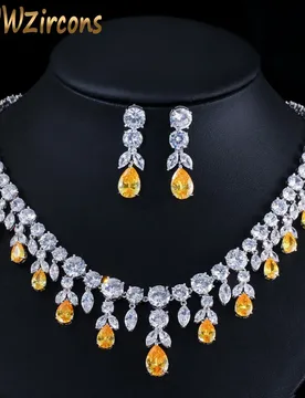 CWWZircons Luxury Tassel Drop African Big Cubic Zirconia Yellow Stone Wedding Party Bride Necklace and Earring Jewelry Sets T347 - Aliexpress - FashionsVida