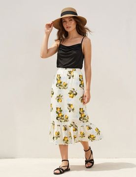 Gonna midi in cotone con volant a stampa limoni - multicolor