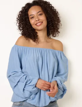 Linen Rouched Sleeve Top - S/M / DENIM - female - Blue Vanilla - FashionsVida