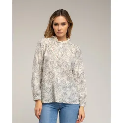 Camisa de mujer de algodón estampada con vainica en el pecho