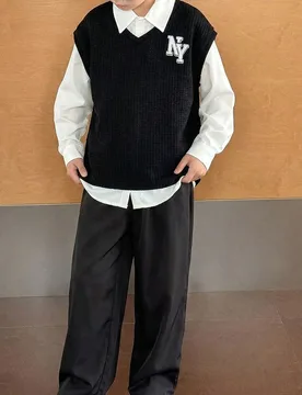 Compra 2 y llévate 1 gratis - Conjunto de camisa de manga larga con cuello, chaleco texturizado y pantalones blancos de estilo coreano informal, cort - Shein - FashionsVida