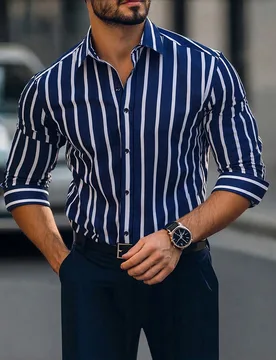Camisa de manga larga a rayas azules y blancas para hombre, estilo casual de negocios de verano para oficina, cuello mao, botones, camisa formal para - Shein - FashionsVida
