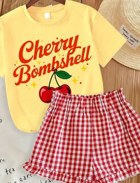Set de 2 piezas para adolescentes: Blusa de manga corta + Pantalones cortos a cuadros, conjunto de camiseta suave con estampado creativo y pantalones - Shein - FashionsVida