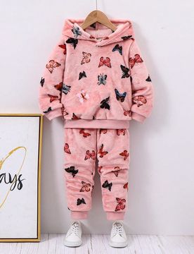 Set de 2 piezas: Sudadera con capucha y pantalones de franela con estampado de mariposa para niña, conjunto casual de otoño/invierno