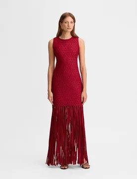 Vestido midi de tafetán con bajo de flecos - Simorra - FashionsVida