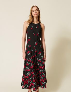 Robe longue en popeline avec imprimé cerises