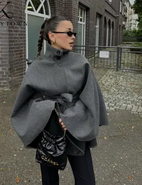 Fashion Wooled Cape Coat Women Belt Stand Collar Poncho Coats Autumn Winter Clothes Elegant Street Bat Sleeve Overcoat Tops - Aliexpress - FashionsVida