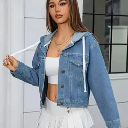 Women's Casual Short Denim Hooded Jacket Loose Collar Versatile Top for Autumn New Style