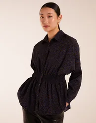 Leopard Print Shirred Waist Shirt - L / NAVY - female