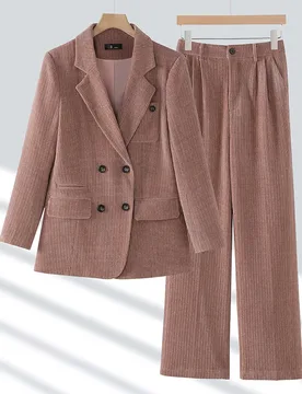 Solid Autumn Winter Women Business Pant Suits Formal Elegant Corduroy Double Breasted Blazer Jacket + Wide Leg Pants - Aliexpress - FashionsVida