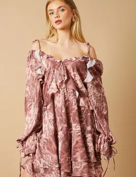Womens Cow Printed Ruffle Detail Mini Dress - Multicolour - Size 6 Uk - OASIS - FashionsVida