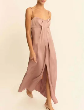 Abito lungo malva in raso tecnico con scollo a cuore e rappeggio asimmetrico - Emme Marella - FashionsVida