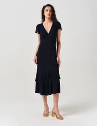 Crepe V-Neck Midi Tiered Tea Dress Navy female