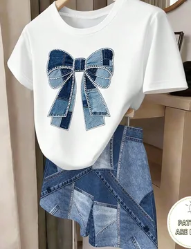 Set Camiseta de manga corta y pantalones cortos con estampado de lazo de estilo minimalista casual para niñas, conjunto de camiseta de moda retro par - Shein - FashionsVida