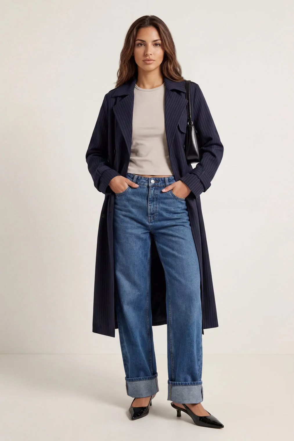 Womens Stripe Trench Coat - Navy - Size 12 Uk - Urban Bliss - FashionsVida