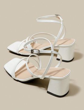 Sandalias de tacón alto de cuero charol blanco para mujer, sandalias de tacón grueso con tiras cruzadas, punta abierta y cordones, zapatos de verano