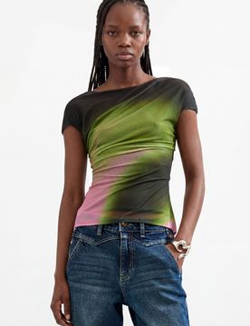 T-shirt en maille à manches courtes, , Polyester, Noir, XS