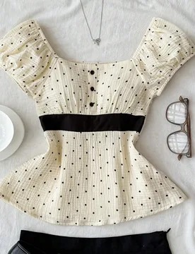 Blusa de gasa con lunares y mangas abullonadas para niñas preadolescentes, linda y dulce - Shein - FashionsVida