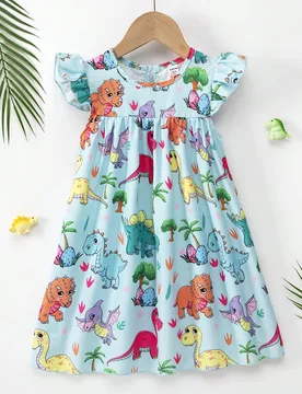 Vestido casual de verano para niña con estampado de dinosaurio y mangas cortas - Shein - FashionsVida