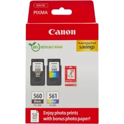 Pack de 2 cartuchos de tinta original PG-560 negro-CL-561 tricolor (3713C008) + Papel foto 10x15 50 hojas