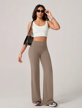Pantalones casuales de yoga elegantes para mujer, pantalones de fitness minimalistas de color marrón claro de uso múltiple, pantalones de pilates de - Shein - FashionsVida