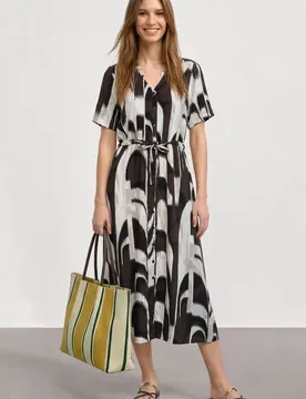 Midi-Kleid mit V-Neck und Print female Braun