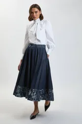 Jacquard Denim Full Skirt - Indigo - Size: 18