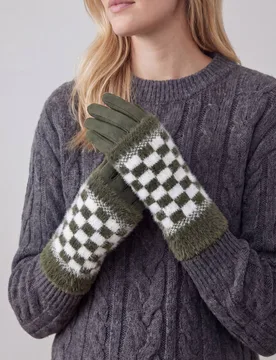 Women's 2 Piece -Plain Knit & Check Pattern Fingerless Overlay Gloves in Green - Green - Size: One Size - Vellin - FashionsVida