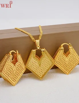 Dubai Gold Color Copper Geometry Pendant Necklace & Earrings Jewelry Set For Women Luxury Weddings Party Gifts Accessory - Aliexpress - FashionsVida