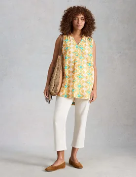 Pure Linen Collared Sleeveless Tunic Yellow female - White stuff - FashionsVida