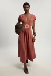 Womens Shirred V Neck Belt Detail Woven Maxi Dress - Rust Lyocell - Size 18 Uk
