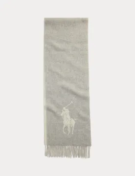 Sciarpa in misto lana grigio chiaro e avorio con maxi logo e frange applicate - Ralph Lauren - FashionsVida