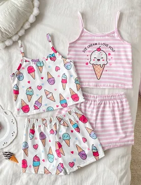 Conjunto de 4 piezas de pijama de tirantes para niñas pequeñas de verano, con estampado lindo y dulce de helado y rayas con corazones, top de camiso - Shein - FashionsVida