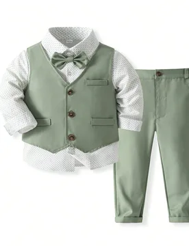 Conjunto de ropa formal de primavera para niño joven: camisa con estampado geométrico, chaleco y pantalones para banquete o fiesta de caballeros - Shein - FashionsVida