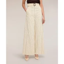 Pantalones de mujer palazzo de rayas diplomáticas the tailoring lab ajuste regular talle alto con cinturón en la cintura