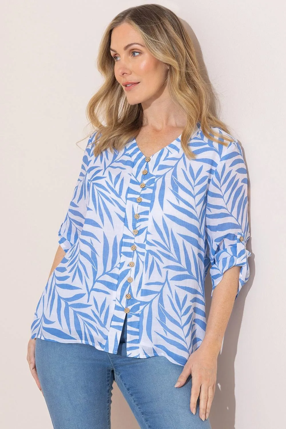 Leaf Printed Top - Blue - Size: 16 - Anna Rose - FashionsVida
