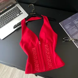 Women Strapless Tanks Solid Skinny Short Tops V Neck Sleeveless Slight Strech Zipper Thin Slim Fit Elegant Sexy Y2K 2025 Summer