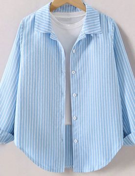 Camisa a rayas azules para niñas con cuello y bajo curvo, uso diario casual, estilo universitario de vuelta a la escuela
