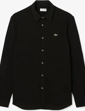 Camisa de hombre de piqué de algodón de corte ajustado en blanco de manga larga - Lacoste - FashionsVida
