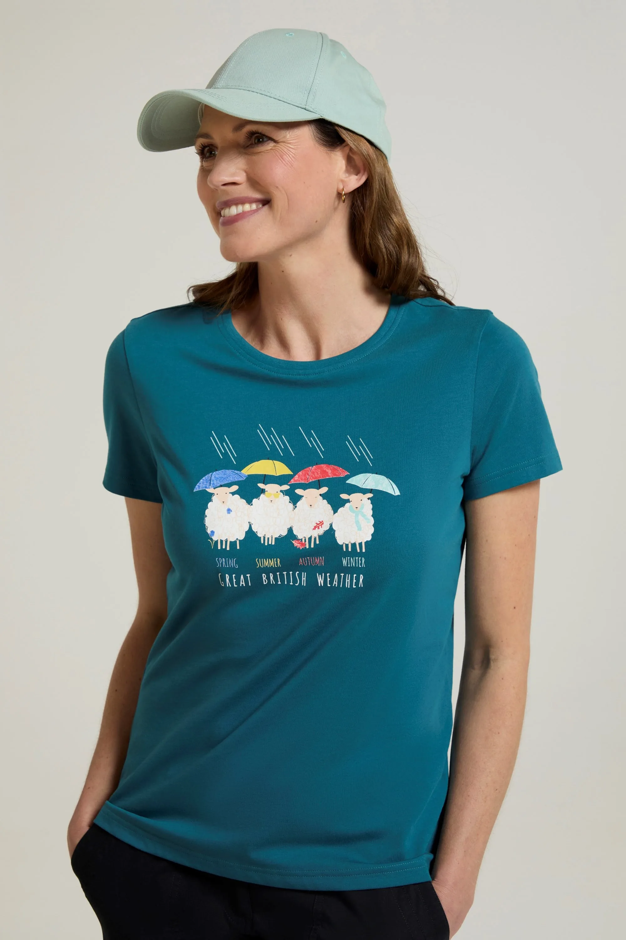 Printed Womens Great British Weather Tee - Teal - Teal - Size: 14 - Mountain Warehouse - FashionsVida
