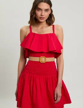Womens Cotton Poplin Contrast Stitch Belted Mini Dress - Red - Size 10 Uk - Karen millen - FashionsVida